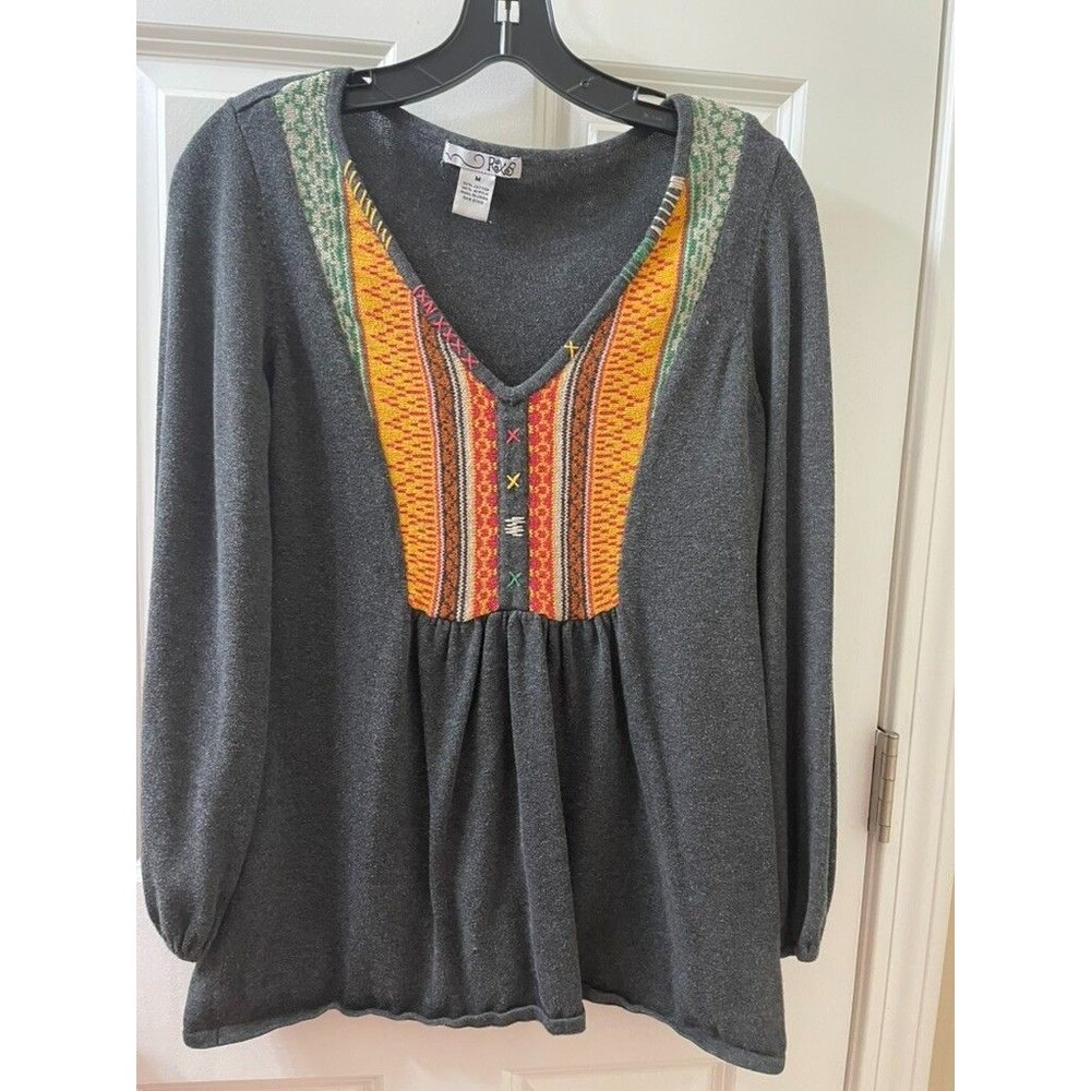 RXB gray boho sweater with embroidered V-neck and balloon sleeves Sz M